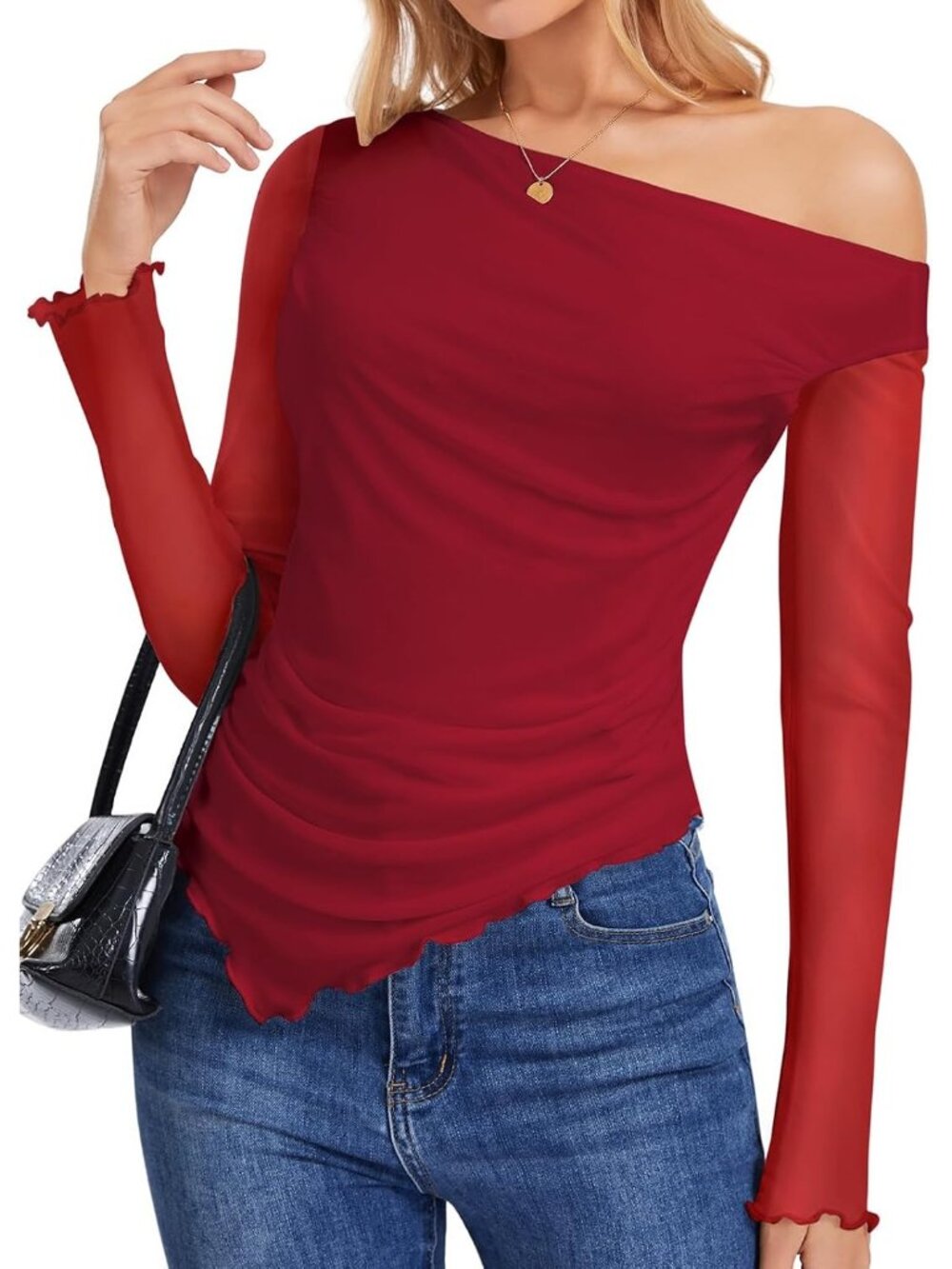 Women's Red One Shoulder Long Sleeve Asymmetrical Hem Cropped Tight T Shirt